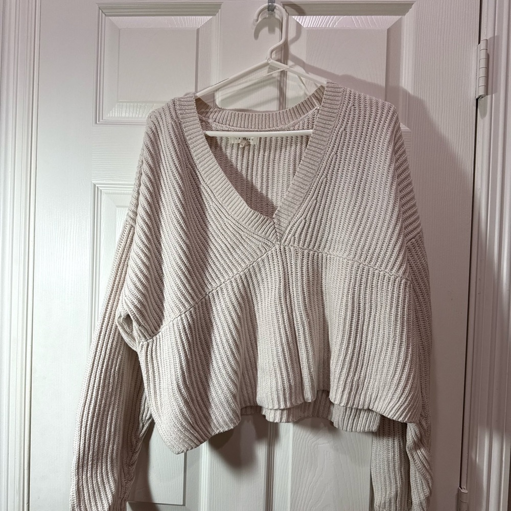 La Hearts V-Neck Cream Sweater